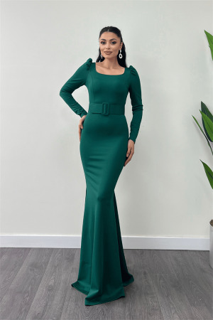 Crepe Fabric Belt Detailed Fish Dress - EMERALD GREEN - Angelino Moda
