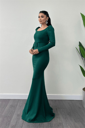 Crepe Fabric Belt Detailed Fish Dress - EMERALD GREEN - Angelino Moda (1)