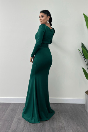 Krep Kumaş Kemer Detaylı Balık Elbise - ZÜMRÜT YEŞİLİ - 5