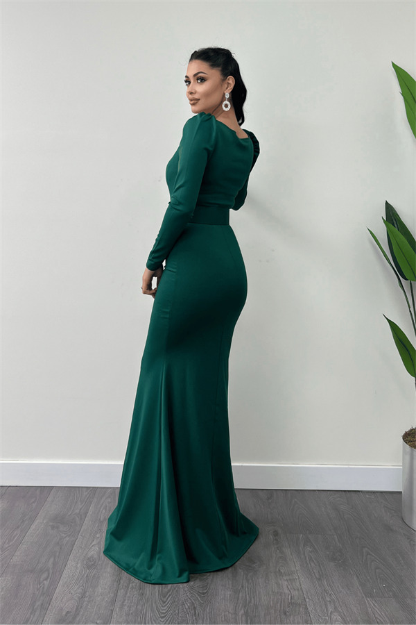 Krep Kumaş Kemer Detaylı Balık Elbise - ZÜMRÜT YEŞİLİ - 5