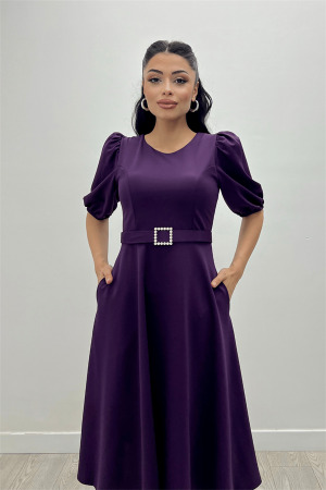 Crepe Fabric Belt Detailed Dress - Eggplant Purple - Angelino Moda