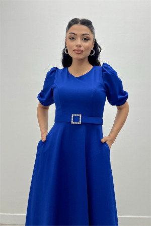 Crepe Fabric Belt Detailed Dress - SAKS BLUE - Angelino Moda