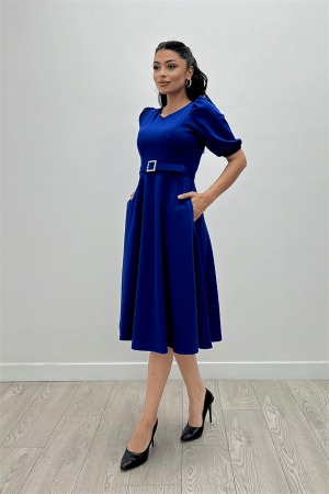 Krep Kumaş Kemer Detaylı Elbise - SAKS MAVİ - 3