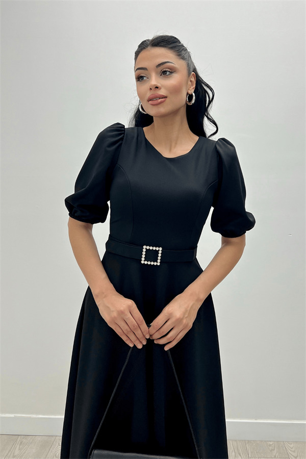 Krep Kumaş Kemer Detaylı Elbise - SİYAH - 1