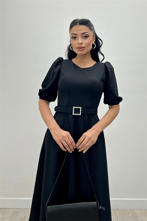 Krep Kumaş Kemer Detaylı Elbise - SİYAH - 2