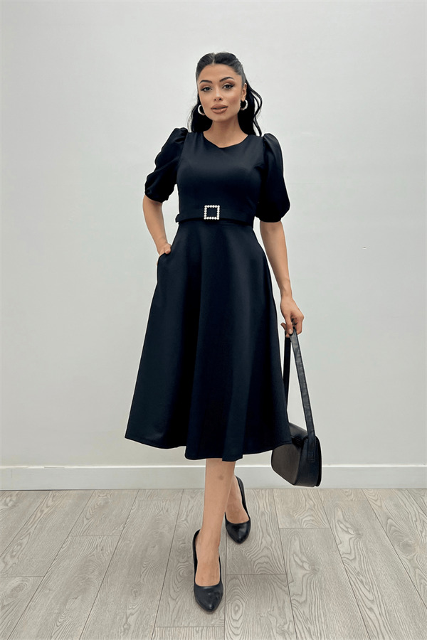 Krep Kumaş Kemer Detaylı Elbise - SİYAH - 4