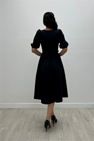 Krep Kumaş Kemer Detaylı Elbise - SİYAH - 5