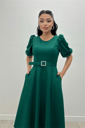 Crepe Fabric Belt Detailed Dress - EMERALD GREEN - Angelino Moda