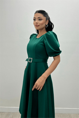 Crepe Fabric Belt Detailed Dress - EMERALD GREEN - Angelino Moda (1)