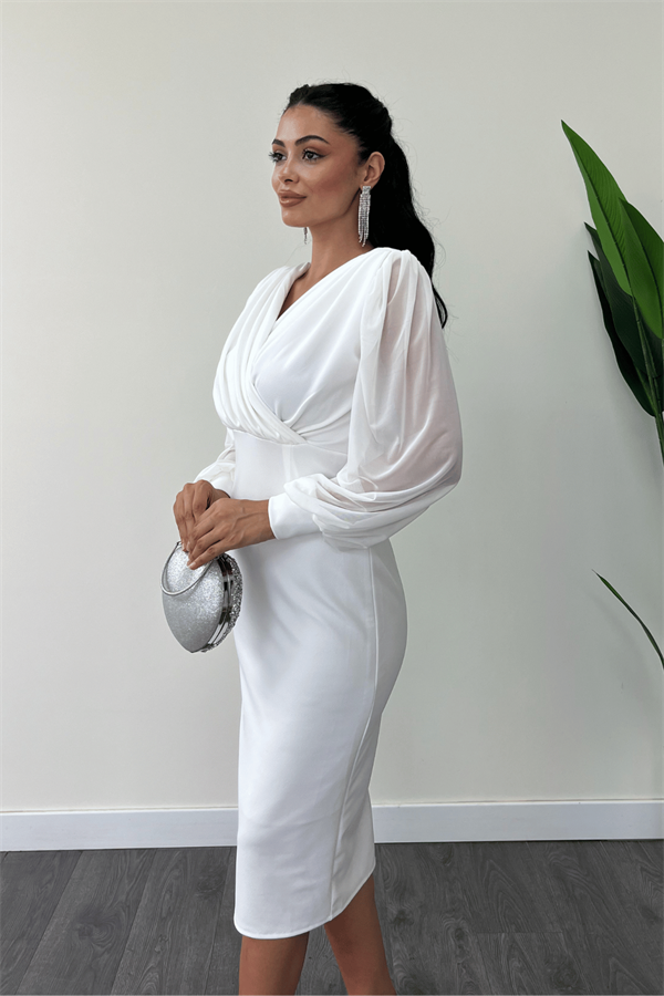 Krep Kumaş Kollar Tül Kalem Elbise - BEYAZ - 4