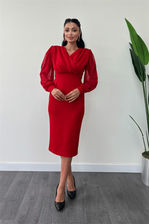 Krep Kumaş Kollar Tül Kalem Elbise - KIRMIZI - Angelino Moda