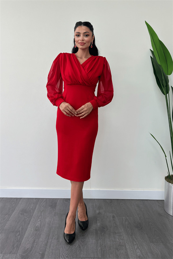 Krep Kumaş Kollar Tül Kalem Elbise - KIRMIZI - 1