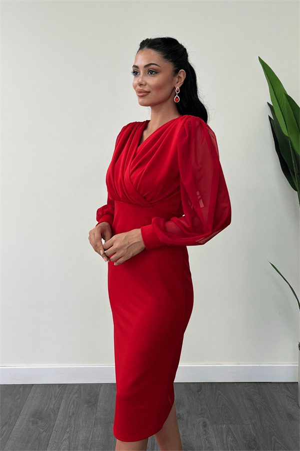 Krep Kumaş Kollar Tül Kalem Elbise - KIRMIZI - 3