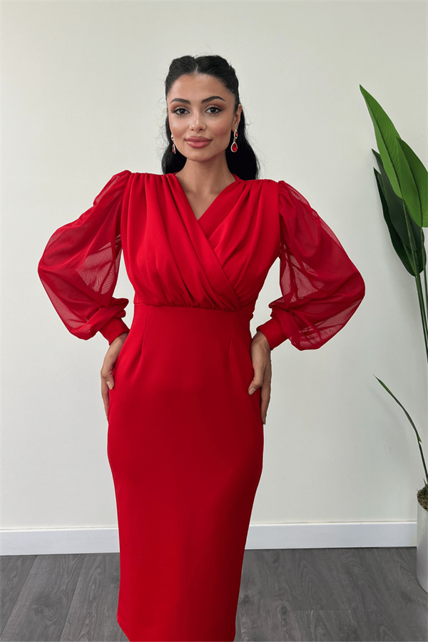 Krep Kumaş Kollar Tül Kalem Elbise - KIRMIZI - 4
