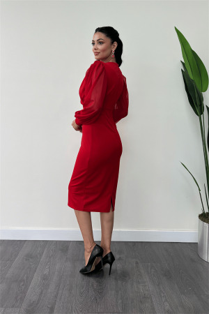 Krep Kumaş Kollar Tül Kalem Elbise - KIRMIZI - 5