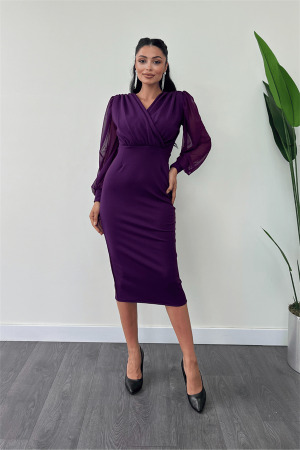 Crepe Fabric Sleeves Tulle Pencil Dress - Eggplant Purple - Angelino Moda (1)