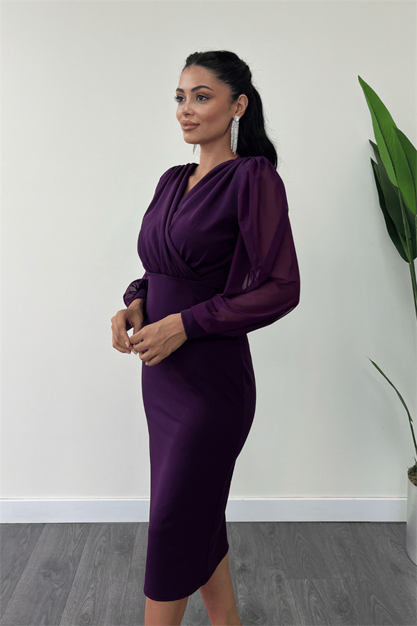 Krep Kumaş Kolları Tül Kalem Elbise - PATLICAN MOR - 3