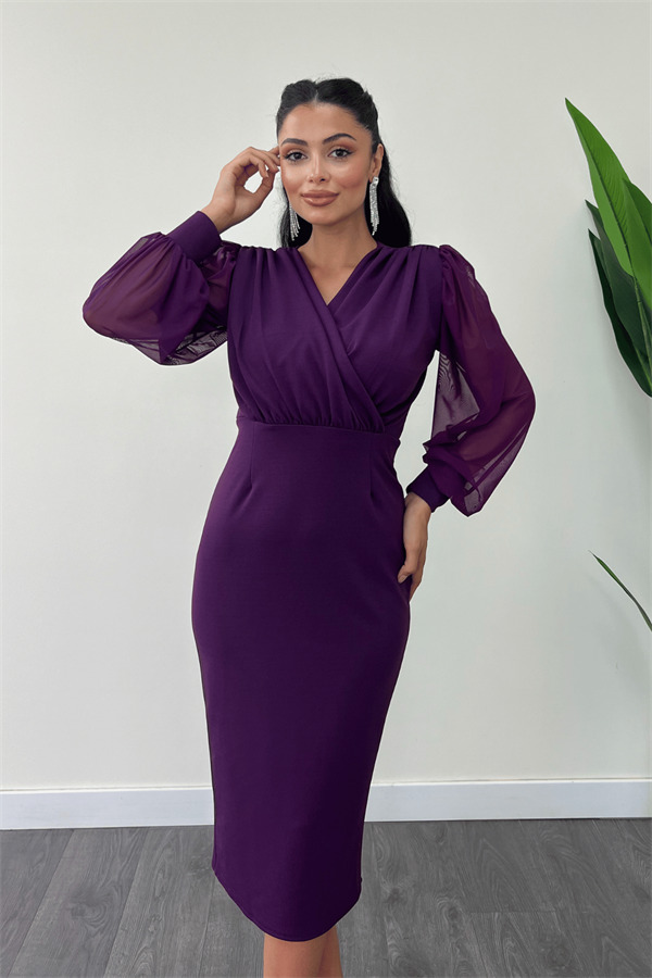 Krep Kumaş Kolları Tül Kalem Elbise - PATLICAN MOR - 4