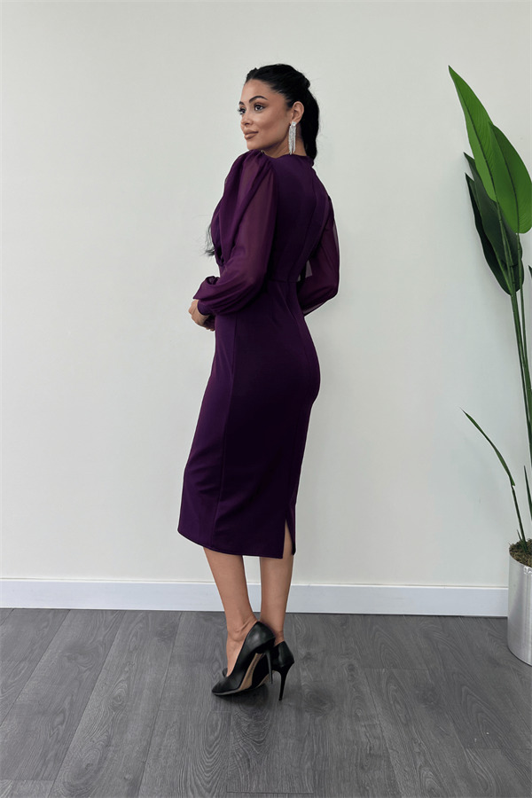 Krep Kumaş Kolları Tül Kalem Elbise - PATLICAN MOR - 5