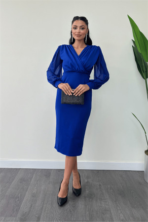 Krep Kumaş Kollar Tül Kalem Elbise - SAKS MAVİ - Angelino Moda (1)