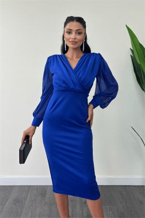 Krep Kumaş Kollar Tül Kalem Elbise - SAKS MAVİ - 3