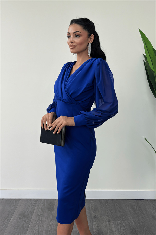 Krep Kumaş Kollar Tül Kalem Elbise - SAKS MAVİ - 4