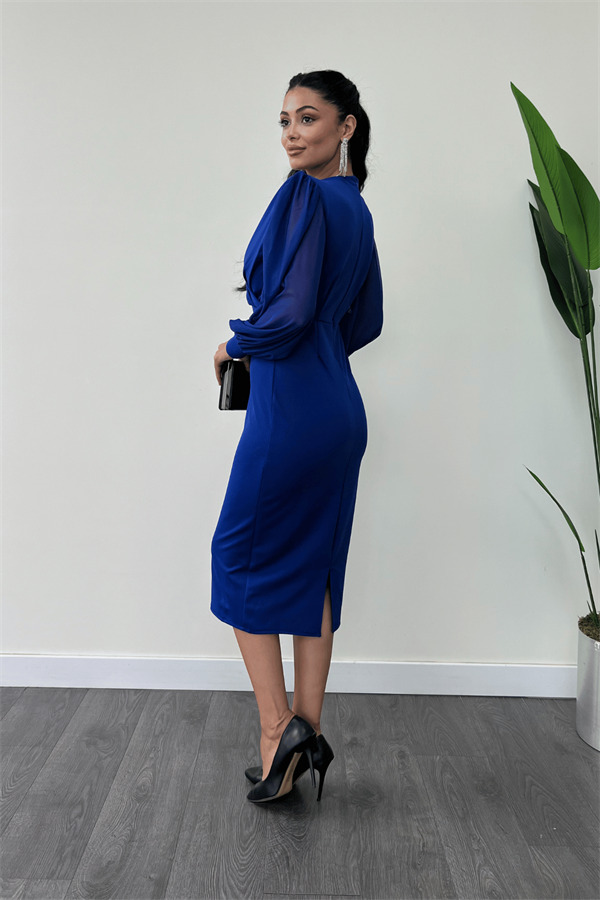 Krep Kumaş Kollar Tül Kalem Elbise - SAKS MAVİ - 5