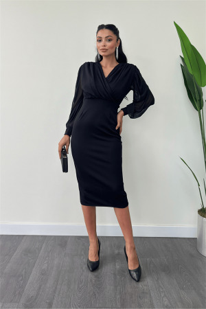 Crepe Fabric Sleeves Tulle Pencil Dress - BLACK - Angelino Moda