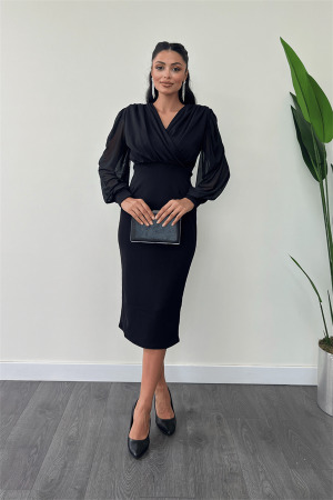 Crepe Fabric Sleeves Tulle Pencil Dress - BLACK - Angelino Moda (1)
