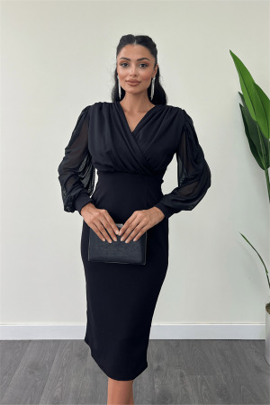 Krep Kumaş Kollar Tül Kalem Elbise - SİYAH - 3