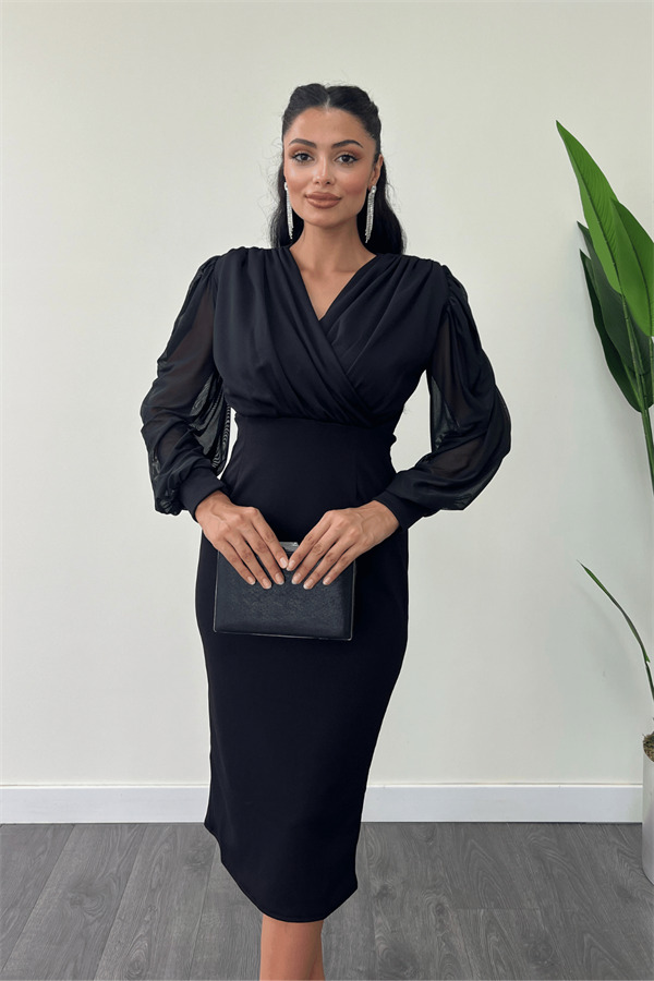 Krep Kumaş Kollar Tül Kalem Elbise - SİYAH - 3