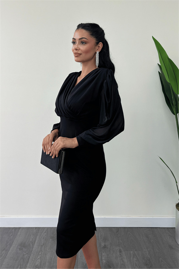 Krep Kumaş Kollar Tül Kalem Elbise - SİYAH - 4