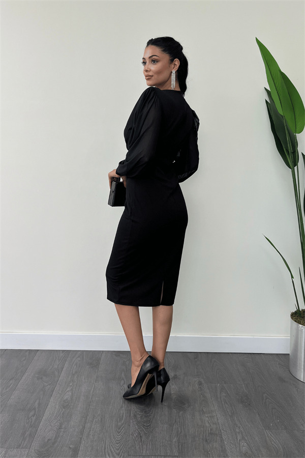 Krep Kumaş Kollar Tül Kalem Elbise - SİYAH - 5