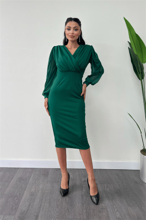 Crepe Fabric Sleeves Tulle Pencil Dress - EMERALD GREEN - Angelino Moda