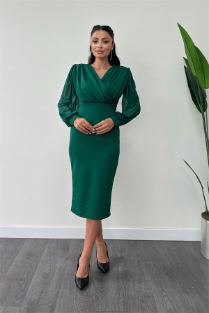 Crepe Fabric Sleeves Tulle Pencil Dress - EMERALD GREEN - Angelino Moda (1)