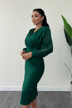 Krep Kumaş Kollar Tül Kalem Elbise - ZÜMRÜT YEŞİL - 3