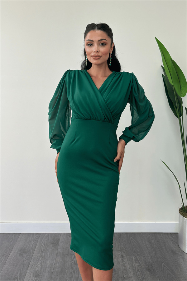 Krep Kumaş Kollar Tül Kalem Elbise - ZÜMRÜT YEŞİL - 4