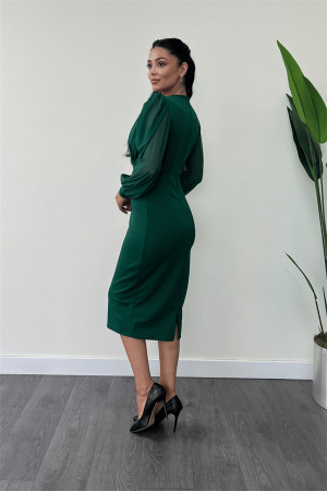 Krep Kumaş Kollar Tül Kalem Elbise - ZÜMRÜT YEŞİL - 5