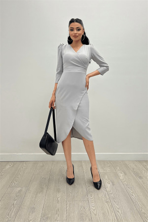 Crepe Fabric Midi Length Dress - Gray - Angelino Moda