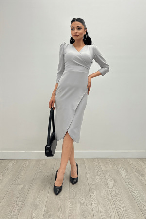 Crepe Fabric Midi Length Dress - Gray - Angelino Moda (1)