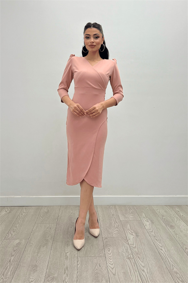 Krep Kumaş Midi Boy Elbise - Pudra - 1