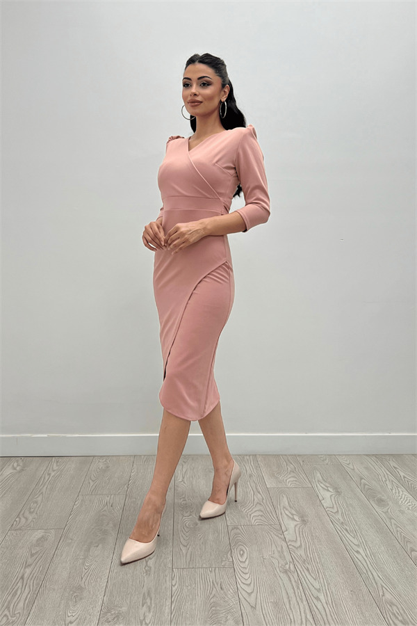 Krep Kumaş Midi Boy Elbise - Pudra - 2