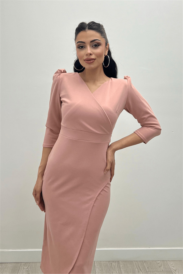 Krep Kumaş Midi Boy Elbise - Pudra - 4