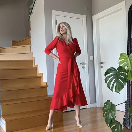 Krep Kumaş Midi Boy Kuşaklı Uzunkol Elbise - ANGELINO BuyukBedeniz (1)