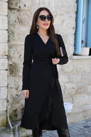 Krep Kumaş Midi Boy Kuşaklı Uzunkol Elbise 113 Cm - 13