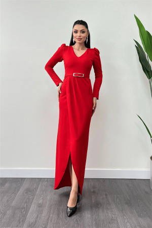 Crepe Fabric Pleat Detailed Dress - RED - Angelino Moda