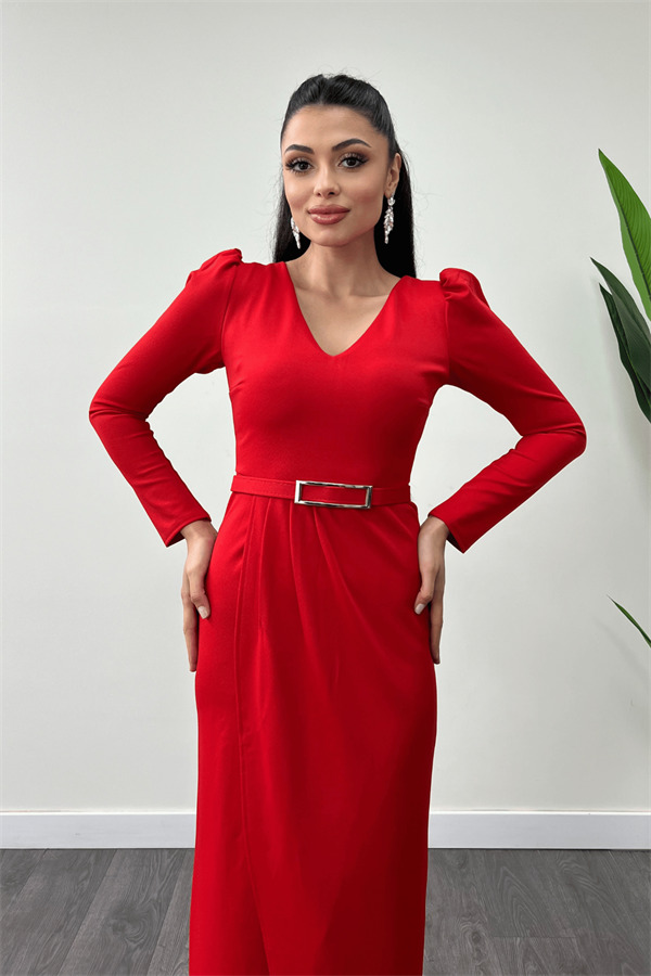 Krep Kumaş Pile Detaylı Elbise - KIRMIZI - 3