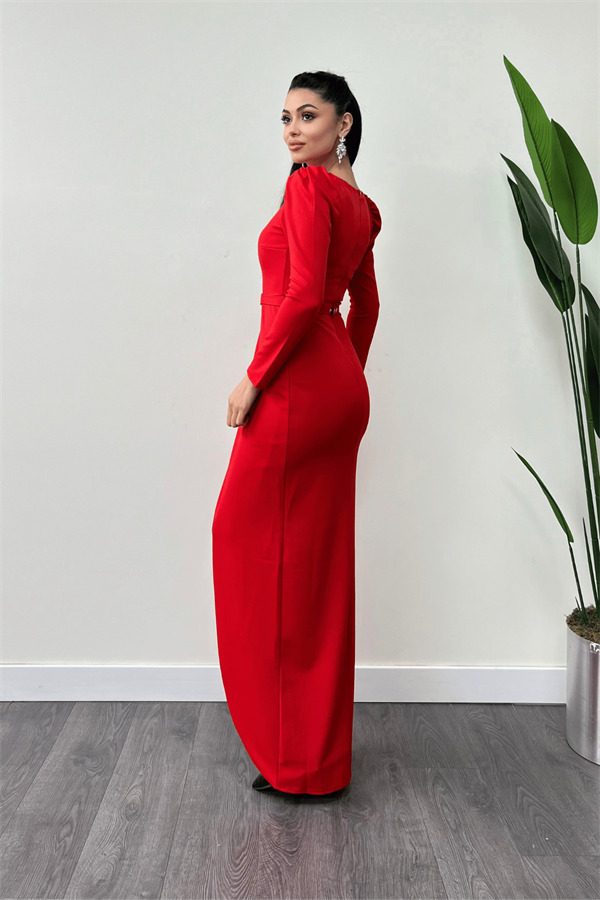Krep Kumaş Pile Detaylı Elbise - KIRMIZI - 5