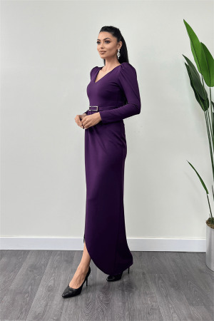 Crepe Fabric Pleated Detailed Dress - Eggplant Purple - Angelino Moda (1)