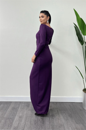 Krep Kumaş Pile Detaylı Elbise - PATLICAN MOR - 5